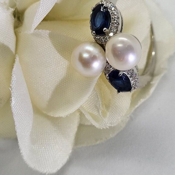 ELITE, New, JEWELRY, SIZE 7, .925 STERLING SILVER, SAPPHIRE, 7MM FW PEARL RING - Picture 7 of 10